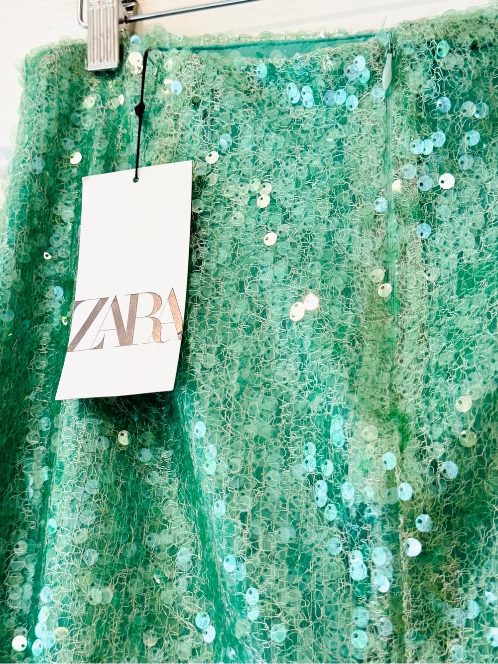 Zara NWT Sequined Sea Green Midi Skirt Size Large Occasions - Picture 10 of 16